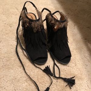 Qupid Feather and Fringe Open Toe Heels